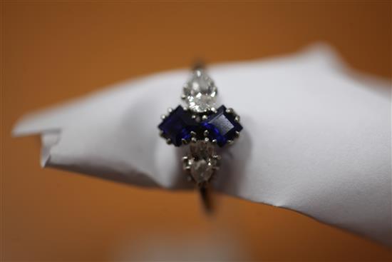 A 1940s white gold, diamond and sapphire ring, size L.